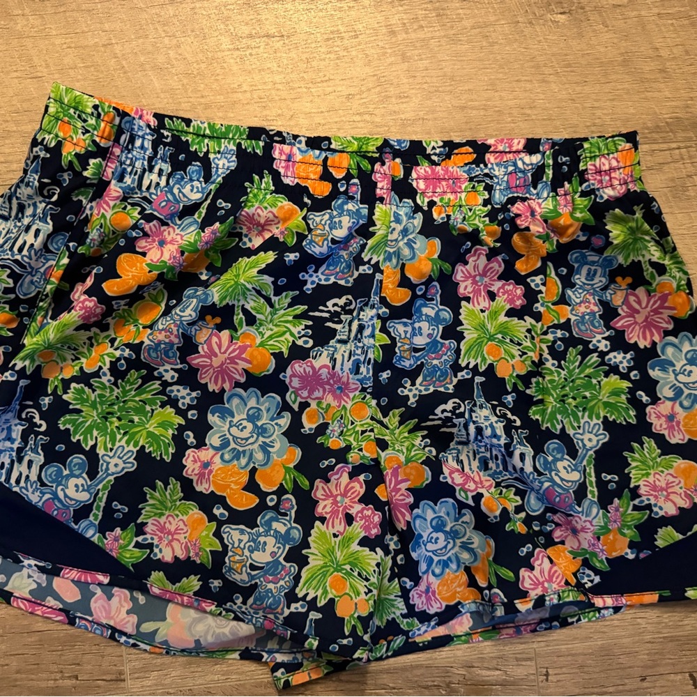 Disney Lilly Pulitzer Blue and Pink Athletic Shorts Vibrant Floral Design